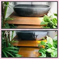 A Facebook post photo: an outdoor bath deck, before (worn timber) and after (fresh timber finish)