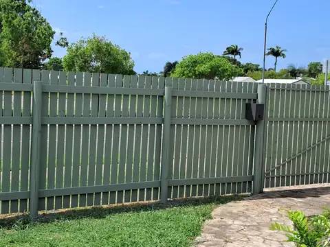Sage green fence, gate side