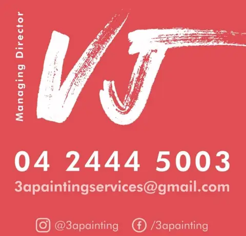 VJ's coral red business card: VJ, Managing Director, 04 2444 5003, 3apaintingservices@gmail.com